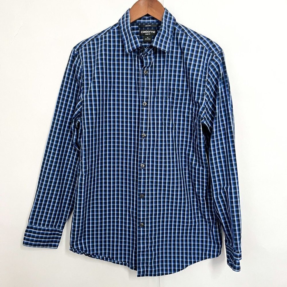 Claiborne Men's Button Up Shirt Blue Size M Slim long Sleeve 80s 2-Ply